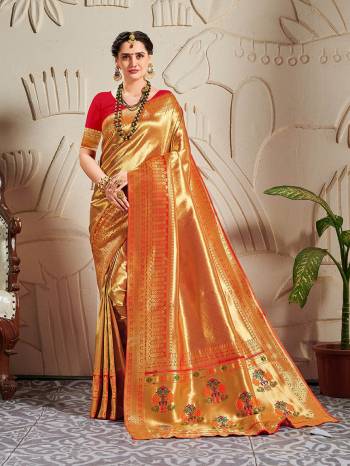 Attrective Rich Look This Pretty Elegant Looking Designer Party Wear Saree In Fine Color Paired With Blouse. This Saree And Blouse Are Banarasi Silk Based With Heavy Wevon Gold Jari Work Beautified Saree. Buy Now.