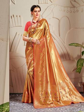 Attrective Rich Look This Pretty Elegant Looking Designer Party Wear Saree In Fine Color Paired With Blouse. This Saree And Blouse Are Banarasi Silk Based With Heavy Wevon Gold Jari Work Beautified Saree. Buy Now.