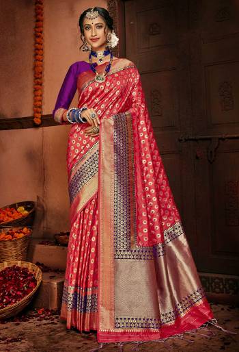 Look Attractive Wearing This Saree Colored Saree Paired With Contrasting Colored Blouse.  This Wevon Designer Saree Is Art Silk Based Which Gives A Rich Look To Your Personality. Buy This Pretty Saree Now.