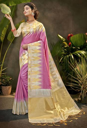 Celebrate This Festive Season In This Very Pretty Light Colored Designer Saree Paired With Contrasting Cream Colored Blouse. This Saree and Blouse Are Art Silk Based Beautified With Detailed Wevon Jari Designer Work. 