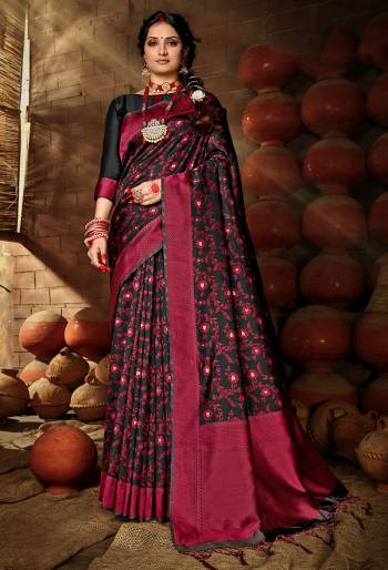 Grab This Pretty Elegant Looking Designer Saree In Dark Color Paired With Blouse. This Saree And Blouse Are Banarasi Silk Based Beautified With Weving Jari Jacquard Work. Buy Now.