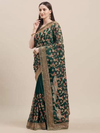 Celebrate This Festive Season In This Very Pretty Green Colored Designer Saree Paired With Blouse. This Saree and Blouse Are Georgette Based Beautified With Detailed Heavy Deasigner Embroidery With Stone Work. 