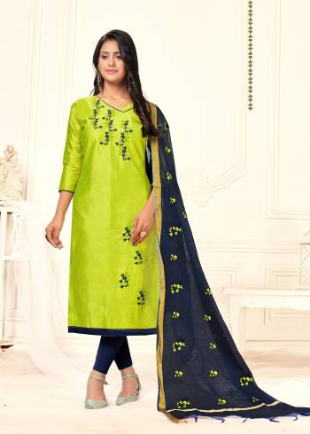 Garb This Designer Suit In Fine Color Paired With Dupatta. Its Multy Embroidered Work Top Is Fabricated On Slub Cotton Paired With Cotton Bottom And Chanderi Fabricated Dupatta With Work. It Is Light Weight And Easy To Carry Throughtout The Gala. Buy this Suit Now.