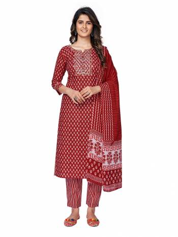 Look This Radymade Suit In Lovely Color.?Its Pretty Designer Printed Top Is Cotton Based Paired With Cotton Bottom And Cotton Fabricated Dupatta Which Gives An Attractive Printed With Embroidery Suit.