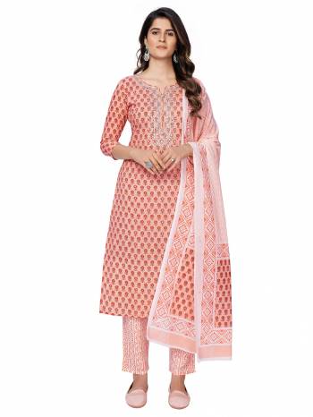 Garb This Radymade Suit In Lovely Color.?Its Pretty Designer Printed Top Is Cotton Based Paired With Cotton Bottom And Cotton Fabricated Dupatta Which Gives An Attractive Printed With Embroidery Work Suit.