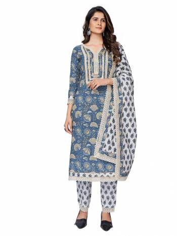 Garb This Radymade Suit In Lovely Color.?Its Pretty Designer Printed Top Is Cotton Based Paired With Cotton Bottom And Cotton Fabricated Dupatta Which Gives An Attractive Printed With Lace Work Suit.