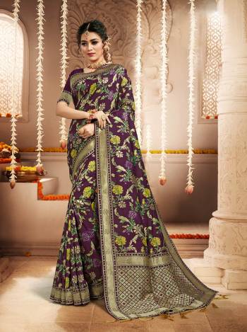 Attrective This Pretty Elegant Looking Designer Saree In Purple Color Paired With Blouse. This Saree And Blouse Are Heavy Silk Based Beautified With Wevon Designer Work Saree. Buy Now.