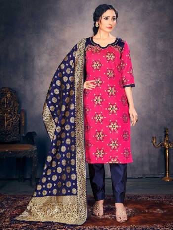 Garb This Designer Suit In Fine Light Color Paired With Dupatta. Its Heavy Wevon Designer Work Top And Dupatta Is Fabricated On Banarasi Silk Paired With Banarasi Silk Bottom. Buy this Suit Now.