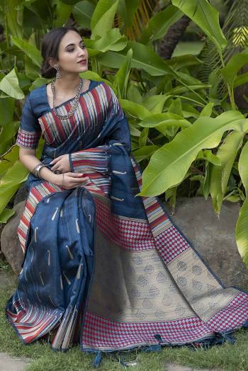 Celebrate This Festive Season And Partywear In This Very Pretty Blue Colored Designer Saree Paired With Blouse. This Saree and Blouse Are Tussar Silk Based Beautified With Detailed Wevon Heavy Deasigner Work. 