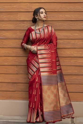 Celebrate This Festive Season And Partywear In This Very Pretty Red Colored Designer Saree Paired With Blouse. This Saree and Blouse Are Tussar Silk Based Beautified With Detailed Wevon Heavy Deasigner Work. 