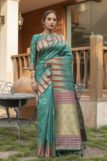 Celebrate This Festive Season And Partywear In This Very Pretty Cyan Colored Designer Saree Paired With Blouse. This Saree and Blouse Are Tussar Silk Based Beautified With Detailed Wevon Heavy Deasigner Work. 