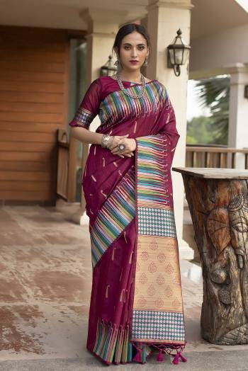 Celebrate This Festive Season And Partywear In This Very Pretty Burgundy Colored Designer Saree Paired With Blouse. This Saree and Blouse Are Tussar Silk Based Beautified With Detailed Wevon Heavy Deasigner Work. 