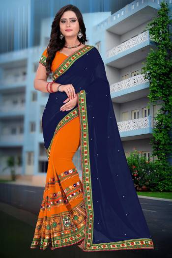 Adorn The Pretty Angelic Look Wearing This Heavy Designer Half Half With Embroidery Work Saree In Dark Color Paired With Contrasting Blouse. This Saree Concept Is Fabricated On Georgette Paired With Georgette Fabricated Blouse. Its Pretty Color Pallete Will Give An Attractive Look To Your Personality. 