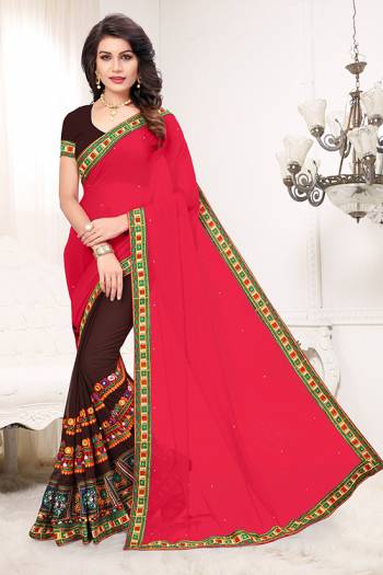 Adorn The Pretty Angelic Look Wearing This Heavy Designer Half Half With Embroidery Work Saree In Dark Color Paired With Contrasting Blouse. This Saree Concept Is Fabricated On Georgette Paired With Georgette Fabricated Blouse. Its Pretty Color Pallete Will Give An Attractive Look To Your Personality. 