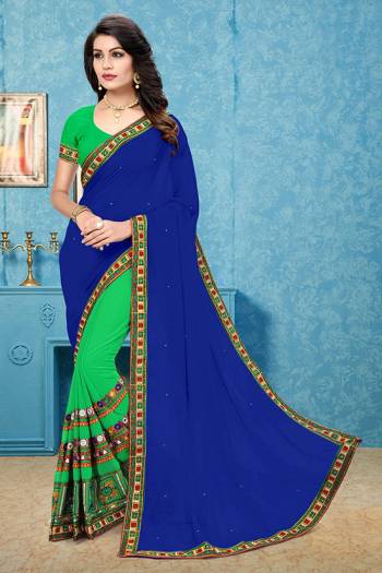 Adorn The Pretty Angelic Look Wearing This Heavy Designer Half Half With Embroidery Work Saree In Dark Color Paired With Contrasting Blouse. This Saree Concept Is Fabricated On Georgette Paired With Georgette Fabricated Blouse. Its Pretty Color Pallete Will Give An Attractive Look To Your Personality. 