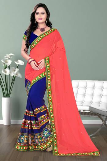 Adorn The Pretty Angelic Look Wearing This Heavy Designer Half Half With Embroidery Work Saree In Dark Color Paired With Contrasting Blouse. This Saree Concept Is Fabricated On Georgette Paired With Georgette Fabricated Blouse. Its Pretty Color Pallete Will Give An Attractive Look To Your Personality. 