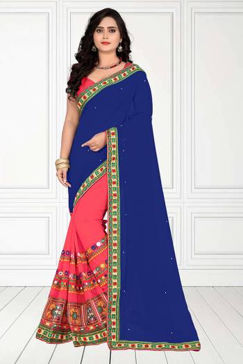 Adorn The Pretty Angelic Look Wearing This Heavy Designer Half Half With Embroidery Work Saree In Dark Color Paired With Contrasting Blouse. This Saree Concept Is Fabricated On Georgette Paired With Georgette Fabricated Blouse. Its Pretty Color Pallete Will Give An Attractive Look To Your Personality. 