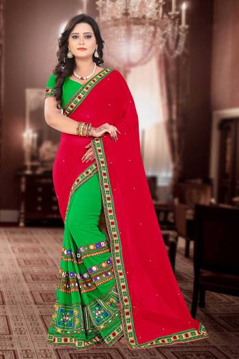 Adorn The Pretty Angelic Look Wearing This Heavy Designer Half Half With Embroidery Work Saree In Dark Color Paired With Contrasting Blouse. This Saree Concept Is Fabricated On Georgette Paired With Georgette Fabricated Blouse. Its Pretty Color Pallete Will Give An Attractive Look To Your Personality. 