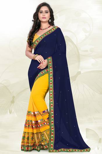 Adorn The Pretty Angelic Look Wearing This Heavy Designer Half Half With Embroidery Work Saree In Dark Color Paired With Contrasting Blouse. This Saree Concept Is Fabricated On Georgette Paired With Georgette Fabricated Blouse. Its Pretty Color Pallete Will Give An Attractive Look To Your Personality. 