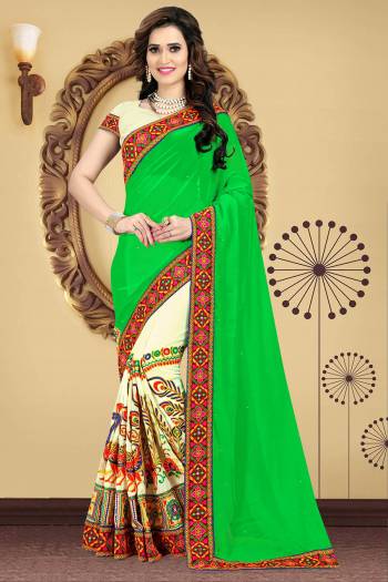 Garb This Pretty Angelic Look Wearing This Heavy Designer Half Half Concept With Embroidery Work Saree In Fine Color Paired With Contrasting Blouse. This Saree Is Fabricated On Georgette Paired With Georgette Fabricated Blouse. Its Pretty Color Pallete Will Give An Attractive Look To Your Personality. 