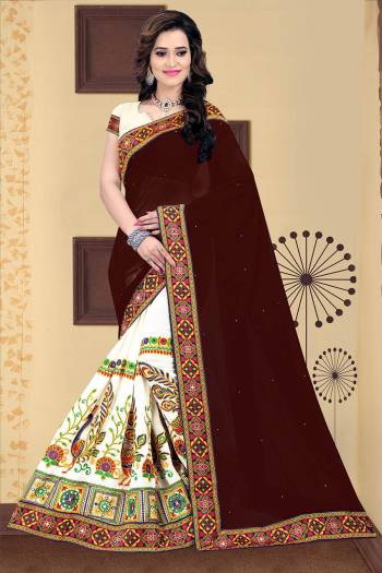 Garb This Pretty Angelic Look Wearing This Heavy Designer Half Half Concept With Embroidery Work Saree In Fine Color Paired With Contrasting Blouse. This Saree Is Fabricated On Georgette Paired With Georgette Fabricated Blouse. Its Pretty Color Pallete Will Give An Attractive Look To Your Personality. 