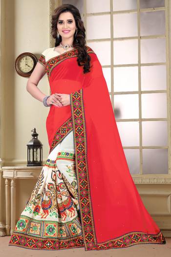 Garb This Pretty Angelic Look Wearing This Heavy Designer Half Half Concept With Embroidery Work Saree In Fine Color Paired With Contrasting Blouse. This Saree Is Fabricated On Georgette Paired With Georgette Fabricated Blouse. Its Pretty Color Pallete Will Give An Attractive Look To Your Personality. 