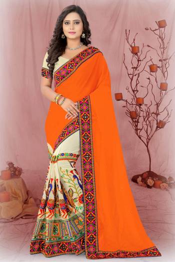 Garb This Pretty Angelic Look Wearing This Heavy Designer Half Half Concept With Embroidery Work Saree In Fine Color Paired With Contrasting Blouse. This Saree Is Fabricated On Georgette Paired With Georgette Fabricated Blouse. Its Pretty Color Pallete Will Give An Attractive Look To Your Personality. 