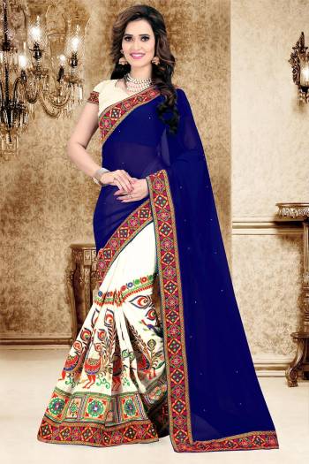 Garb This Pretty Angelic Look Wearing This Heavy Designer Half Half Concept With Embroidery Work Saree In Fine Color Paired With Contrasting Blouse. This Saree Is Fabricated On Georgette Paired With Georgette Fabricated Blouse. Its Pretty Color Pallete Will Give An Attractive Look To Your Personality. 