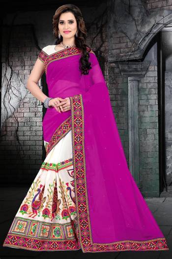 Garb This Pretty Angelic Look Wearing This Heavy Designer Half Half Concept With Embroidery Work Saree In Fine Color Paired With Contrasting Blouse. This Saree Is Fabricated On Georgette Paired With Georgette Fabricated Blouse. Its Pretty Color Pallete Will Give An Attractive Look To Your Personality. 