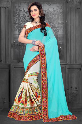 Garb This Pretty Angelic Look Wearing This Heavy Designer Half Half Concept With Embroidery Work Saree In Fine Color Paired With Contrasting Blouse. This Saree Is Fabricated On Georgette Paired With Georgette Fabricated Blouse. Its Pretty Color Pallete Will Give An Attractive Look To Your Personality. 