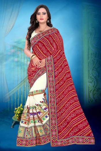 Attrective This Pretty Angelic Look Wearing This Half Half Designer Concept With Embroidery Work And Bandhni Printed Saree In Fine Color Paired With Contrasting Blouse. This Saree Is Fabricated On Georgette Paired With Georgette Fabricated Blouse. Its Pretty Color Pallete Will Give An Attractive Look To Your Personality. 