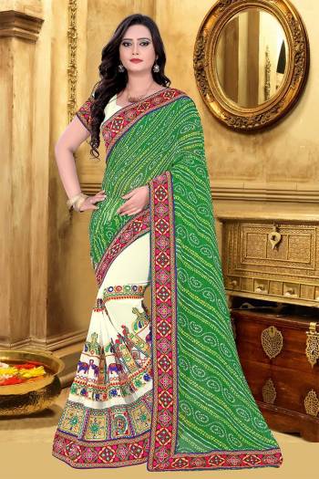 Attrective This Pretty Angelic Look Wearing This Half Half Designer Concept With Embroidery Work And Bandhni Printed Saree In Fine Color Paired With Contrasting Blouse. This Saree Is Fabricated On Georgette Paired With Georgette Fabricated Blouse. Its Pretty Color Pallete Will Give An Attractive Look To Your Personality. 