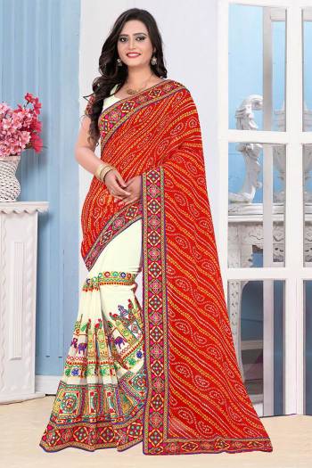 Attrective This Pretty Angelic Look Wearing This Half Half Designer Concept With Embroidery Work And Bandhni Printed Saree In Fine Color Paired With Contrasting Blouse. This Saree Is Fabricated On Georgette Paired With Georgette Fabricated Blouse. Its Pretty Color Pallete Will Give An Attractive Look To Your Personality. 