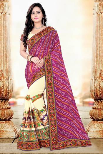 Attrective This Pretty Angelic Look Wearing This Half Half Designer Concept With Embroidery Work And Bandhni Printed Saree In Fine Color Paired With Contrasting Blouse. This Saree Is Fabricated On Georgette Paired With Georgette Fabricated Blouse. Its Pretty Color Pallete Will Give An Attractive Look To Your Personality. 