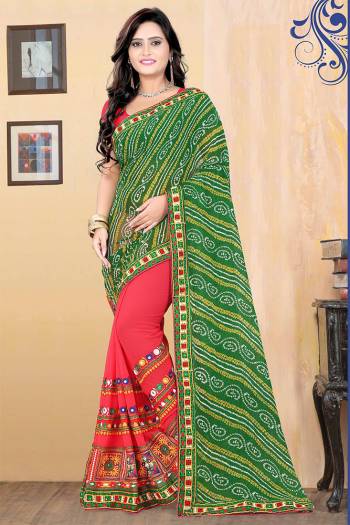 Attrective This Pretty Angelic Look Wearing This Half Half Designer Concept With Embroidery Work And Bandhni Printed Saree In Fine Color Paired With Contrasting Blouse. This Saree Is Fabricated On Georgette Paired With Georgette Fabricated Blouse. Its Pretty Color Pallete Will Give An Attractive Look To Your Personality. 