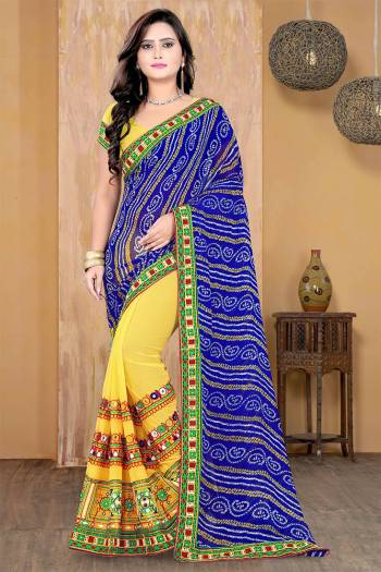 Attrective This Pretty Angelic Look Wearing This Half Half Designer Concept With Embroidery Work And Bandhni Printed Saree In Fine Color Paired With Contrasting Blouse. This Saree Is Fabricated On Georgette Paired With Georgette Fabricated Blouse. Its Pretty Color Pallete Will Give An Attractive Look To Your Personality. 