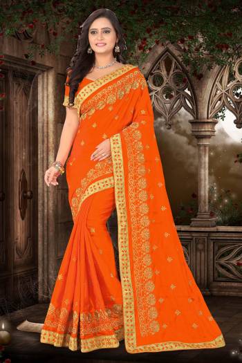 Look Attractive Wearing This Fine Color Saree Paired With Blouse.  This Heavy Designer Embroidery Saree Is Paper Silk Based Which Gives A Rich Look To Your Personality. Buy This Pretty Saree Now.