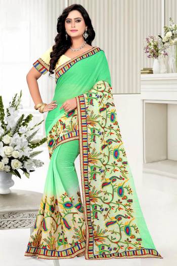 Look Attractive Wearing This Fine Color Saree Paired With Blouse.  This Heavy Designer Embroidery Saree Is Chiffon Based Which Gives A Rich Look To Your Personality. Buy This Pretty Saree Now.