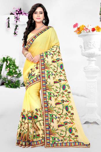 Look Attractive Wearing This Fine Color Saree Paired With Blouse.  This Heavy Designer Embroidery Saree Is Chiffon Based Which Gives A Rich Look To Your Personality. Buy This Pretty Saree Now.