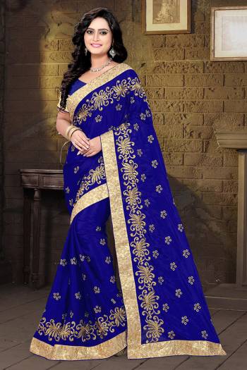 Look Attractive Wearing This Fine Color Saree Paired With Blouse.  This Heavy Designer Embroidery Saree Is Chinon Silk Based Which Gives A Rich Look To Your Personality. Buy This Pretty Saree Now.