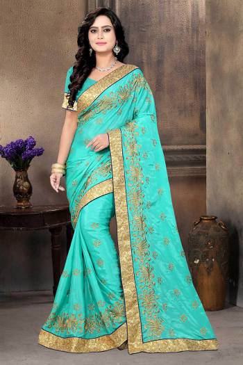 Look Attractive Wearing This Fine Color Saree Paired With Blouse.  This Heavy Designer Embroidery Saree Is Chinon Silk Based Which Gives A Rich Look To Your Personality. Buy This Pretty Saree Now.