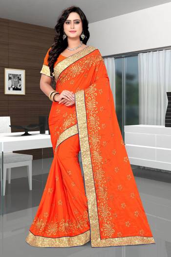 Look Attractive Wearing This Fine Color Saree Paired With Blouse.  This Heavy Designer Embroidery Saree Is Chinon Silk Based Which Gives A Rich Look To Your Personality. Buy This Pretty Saree Now.