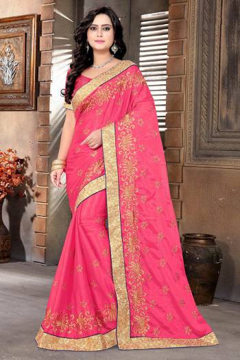 Look Attractive Wearing This Fine Color Saree Paired With Blouse.  This Heavy Designer Embroidery Saree Is Chinon Silk Based Which Gives A Rich Look To Your Personality. Buy This Pretty Saree Now.