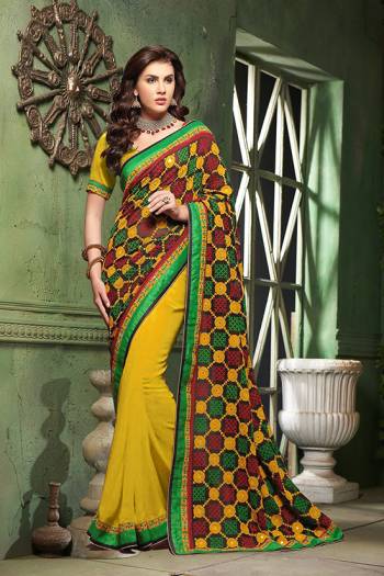 Garb This Pretty Angelic Look Wearing This Half Half Concept With Heavy Embroidery Work Pallu Saree In Fine Color Paired With Contrasting Blouse. This Saree Is Fabricated On Georgette Paired With Georgette Fabricated Blouse. Its Pretty Color Pallete Will Give An Attractive Look To Your Personality. 