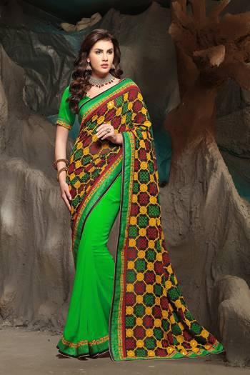 Garb This Pretty Angelic Look Wearing This Half Half Concept With Heavy Embroidery Work Pallu Saree In Fine Color Paired With Contrasting Blouse. This Saree Is Fabricated On Georgette Paired With Georgette Fabricated Blouse. Its Pretty Color Pallete Will Give An Attractive Look To Your Personality. 