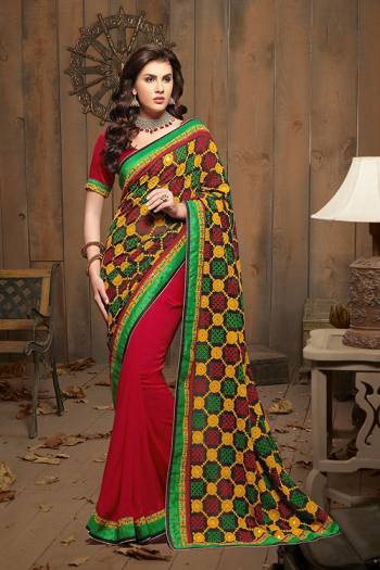 Garb This Pretty Angelic Look Wearing This Half Half Concept With Heavy Embroidery Work Pallu Saree In Fine Color Paired With Contrasting Blouse. This Saree Is Fabricated On Georgette Paired With Georgette Fabricated Blouse. Its Pretty Color Pallete Will Give An Attractive Look To Your Personality. 