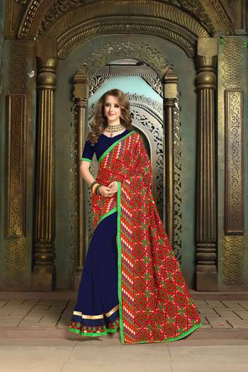 Garb This Pretty Angelic Look Wearing This Half Half Concept With Heavy Embroidery Work Pallu Saree In Fine Color Paired With Contrasting Blouse. This Saree Is Fabricated On Georgette Paired With Georgette Fabricated Blouse. Its Pretty Color Pallete Will Give An Attractive Look To Your Personality. 