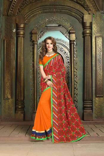 Garb This Pretty Angelic Look Wearing This Half Half Concept With Heavy Embroidery Work Pallu Saree In Fine Color Paired With Contrasting Blouse. This Saree Is Fabricated On Georgette Paired With Georgette Fabricated Blouse. Its Pretty Color Pallete Will Give An Attractive Look To Your Personality. 