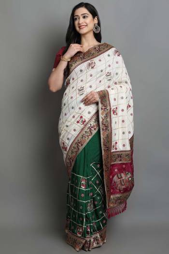 Adorn The Pretty Angelic Look Wearing This Heavy Designer Patola Embroidery,Diamond Work Half Half Saree With Contrasting Blouse. This Saree Is Fabricated On Soft Silk Paired With Satin Silk Fabricated Blouse. Its Pretty Color Pallete Will Give An Attractive Look To Your Personality. 