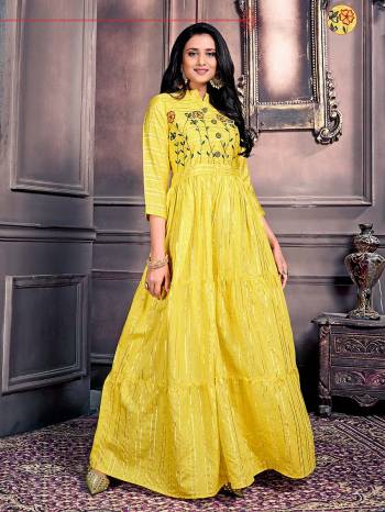 Flaunt Your Rich And Elegant Taste Wearing This Designer Readymade Long Gown In Yellow Color. This  Pretty Gown Is Fabricated On Wevon Jari Chanderi Beautified With Hand Thread Work. Its Fabric Is Soft Towards Skin And Easy To Carry All Day Long. 